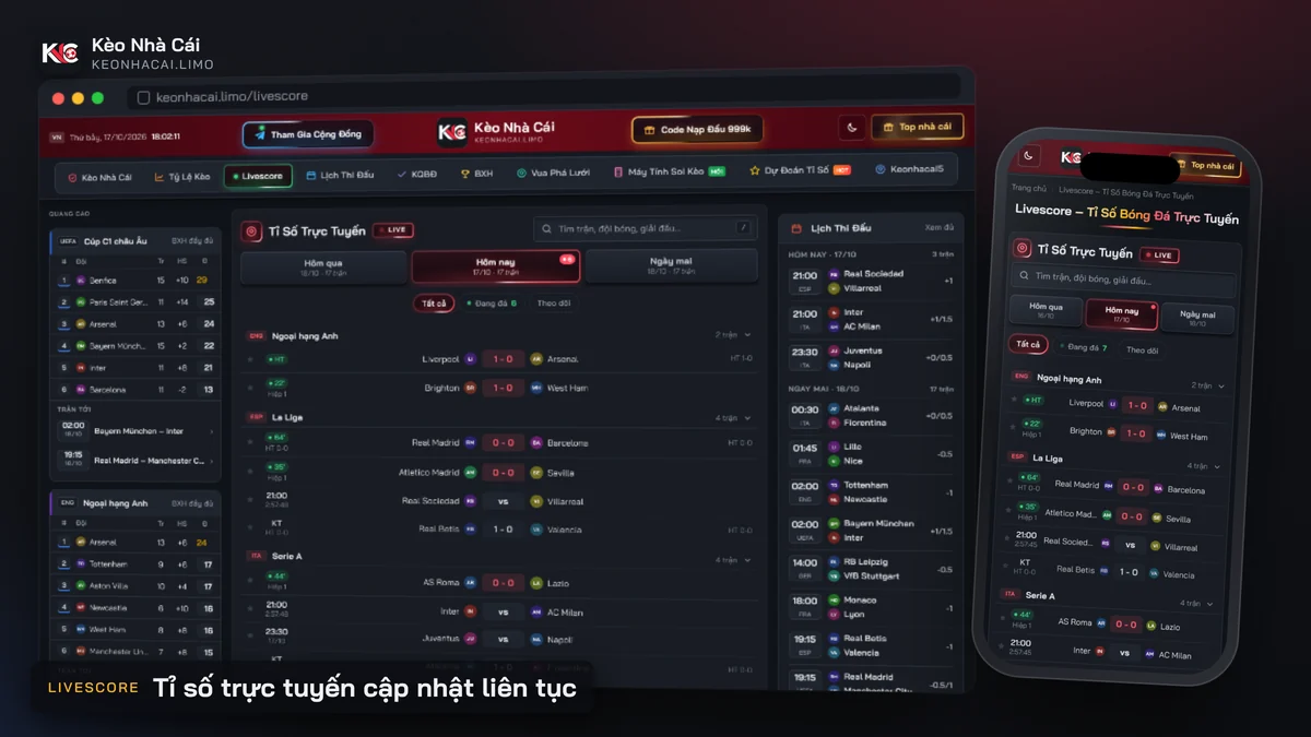 Giao diện livescore tỉ số bóng đá trực tuyến trên máy tính và điện thoại
