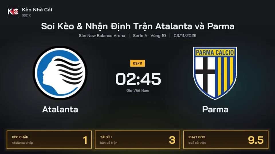 Soi kèo Atalanta vs Parma 2h45 ngày 3/11 Giải Serie A 2026/27 Vòng 10