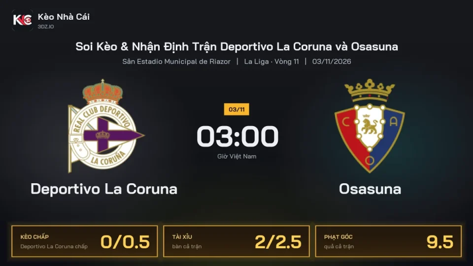 Soi kèo Deportivo La Coruna vs Osasuna 3h00 ngày 3/11 Giải La Liga 2026/27 Vòng 11