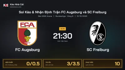 Soi kèo FC Augsburg vs SC Freiburg 21h30 ngày 31/10 Giải Bundesliga 2026/27 Vòng 8