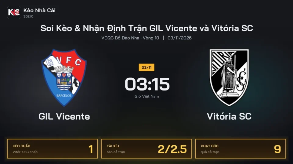 Soi kèo GIL Vicente vs Vitória SC 3h15 ngày 3/11 Giải Vđqg Bồ Đào Nha 2026/27 Vòng 10