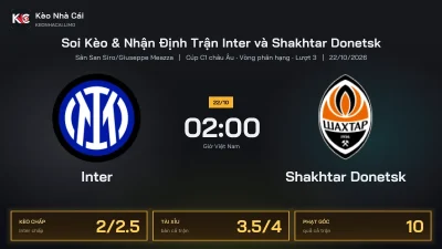 Soi kèo Inter vs Shakhtar Donetsk 2h00 ngày 22/10 Cúp C1 Châu Âu 2026/27 Vòng phân hạng Lượt 3