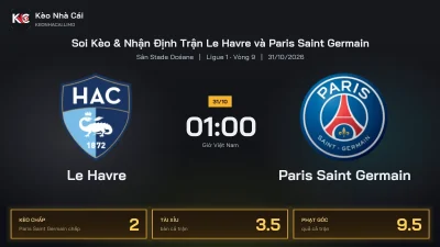 Soi kèo Le Havre vs Paris Saint Germain 1h00 ngày 31/10 Giải Ligue 1 2026/27 Vòng 9