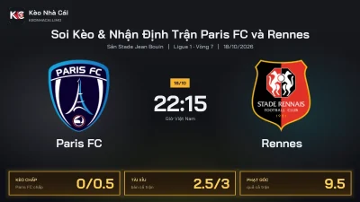 Soi kèo Paris FC vs Rennes 22h15 ngày 18/10 Giải Ligue 1 2026/27 Vòng 7