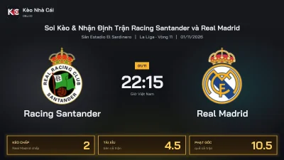 Soi kèo Racing Santander vs Real Madrid 22h15 ngày 1/11 Giải La Liga 2026/27 Vòng 11