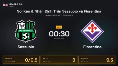 Soi kèo Sassuolo vs Fiorentina 0h30 ngày 3/11 Giải Serie A 2026/27 Vòng 10