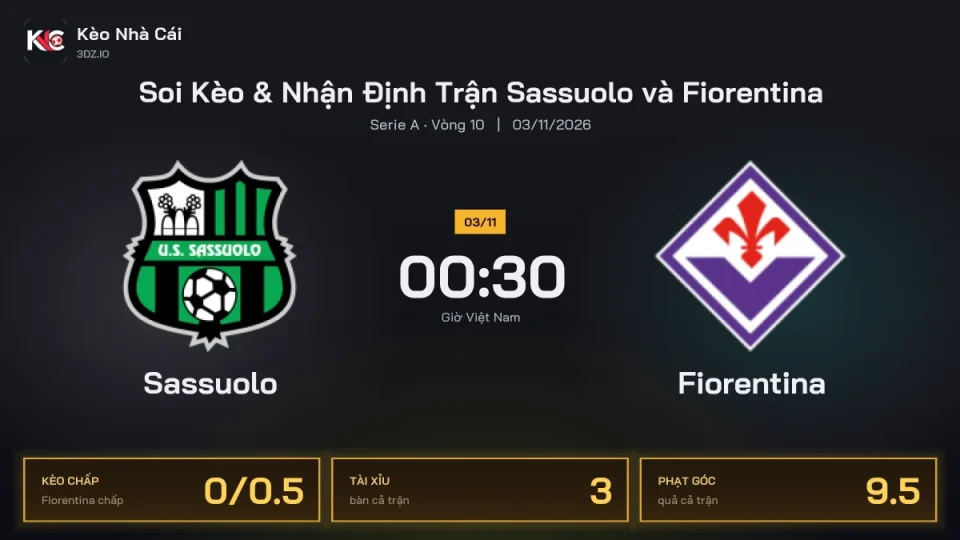 Soi kèo Sassuolo vs Fiorentina 0h30 ngày 3/11 Giải Serie A 2026/27 Vòng 10