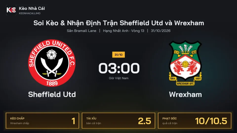 Soi kèo Sheffield Utd vs Wrexham 3h00 ngày 31/10 Giải Hạng Nhất Anh 2026/27 Vòng 13