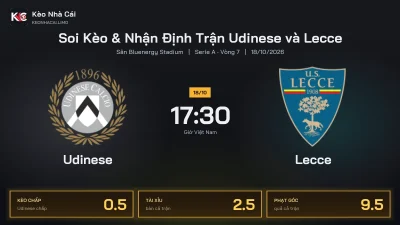 Soi kèo Udinese vs Lecce 17h30 ngày 18/10 Giải Serie A 2026/27 Vòng 7