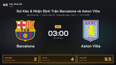 Soi kèo Barcelona vs Aston Villa 3h00 ngày 4/11 Cúp C1 Châu Âu 2026/27 Vòng phân hạng Lượt 4
