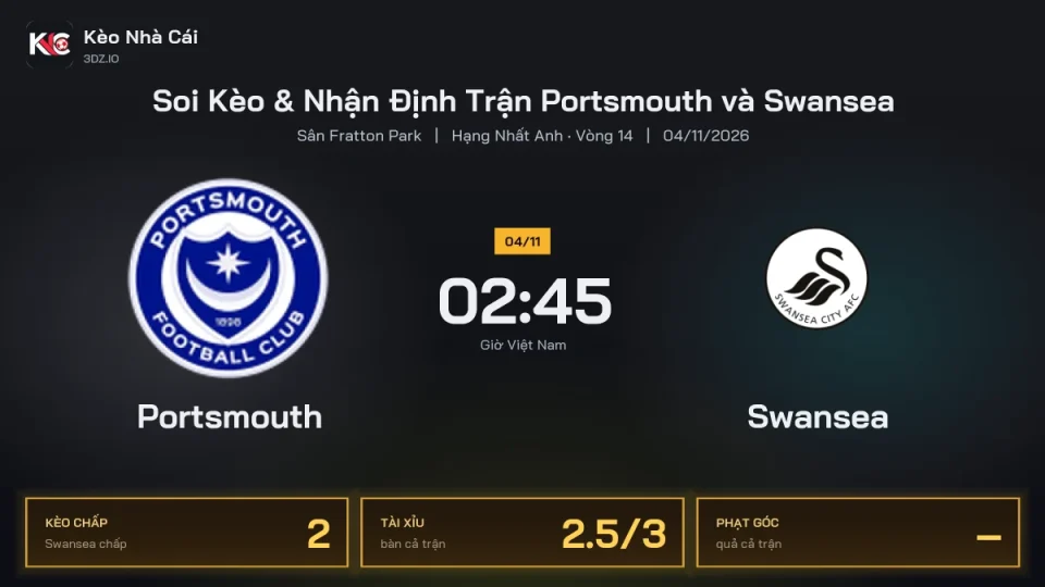 Soi kèo Portsmouth vs Swansea 2h45 ngày 4/11 Giải Hạng Nhất Anh 2026/27 Vòng 14