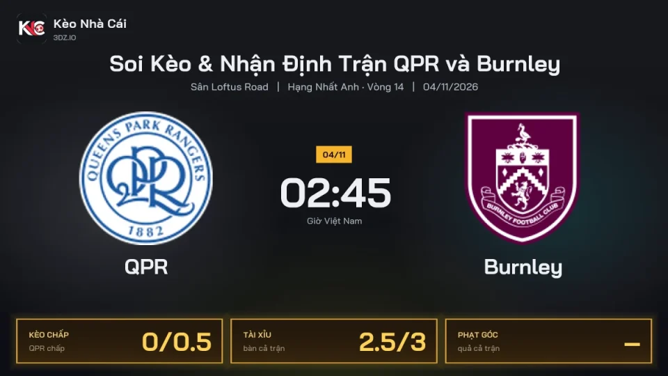 Soi kèo QPR vs Burnley 2h45 ngày 4/11 Giải Hạng Nhất Anh 2026/27 Vòng 14